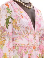 CAMILLA « Clever Clogs » Linen V-Neck Empire Waist Floral Smocked Maxi Dress, M