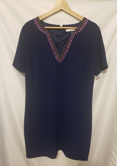 Trina Turk Heatwave Dress Sz 12 Navy Blue Bejeweled Embellished V-Neck Zip Up