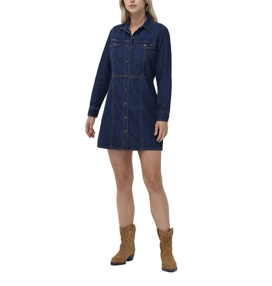 Frye Denim Dress Size Large Mini Button Front Dual Chest Pockets Dark Wash NEW