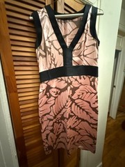 Enfocus Studio midi sheath dress featuring a pink and brown leaf print. Tuleh