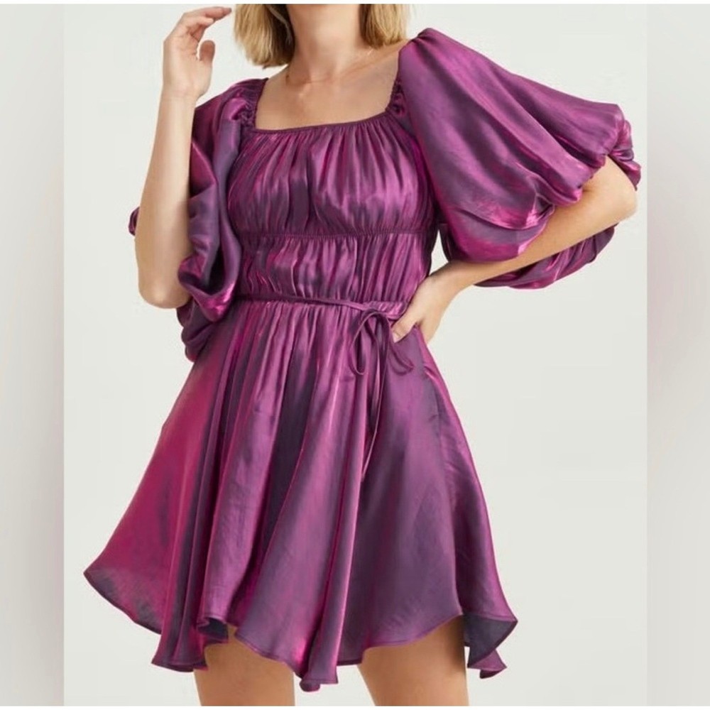 Altar&rsquo;d State Womens Holographic Purple Amabella Puff Sleeve Mini Dress Size S