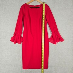 Calvin Klein Red Bell Sleeve Dress Womens 8 Cocktail Party Button Cuff Midi