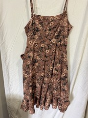 Polly Women&rsquo;s Brown Floral Sundress Square Neck Sleeveless Short Zip Size 8
