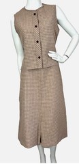 60s-70s Plaid Vest Top Skirt Set Size Small Career Guild Vintage Midi Brown Red