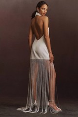 ILA Anika Halter Fringe Satin Maxi Dress – US Size 2 UK Size 6 $575