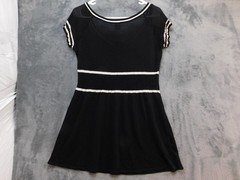 Wrapper Sweater Dress Womens Medium Black Striped Scoop Neck Cap Sleeve Smocked