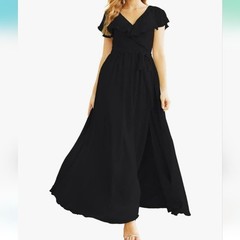 Lavetir Black Ruffle Flutter Sleeve Tie Waist Bridesmaid Gala Maxi Dress Size 14
