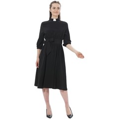 Women Clergy Dresse Audrey Hepburn Style Dress Tie Belt Priest Pastor Tab Collar