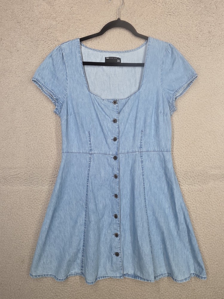 Asos Denim Chambray Dress Size 10 Button Front Short Sleeve Shirt Dress Mini