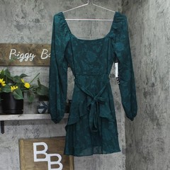 trixxi Juniors Tie-Waist Ruffled Jacquard Dress Belted 26EB4278FI Hunter Green S