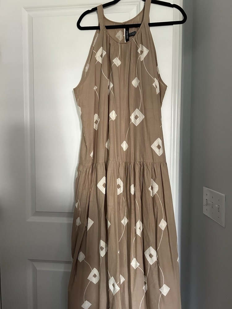 Ellen Tracy Beige White Embroidered Geometric Maxi Dress XL Sleeveless