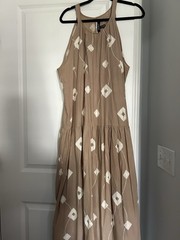 Ellen Tracy Beige White Embroidered Geometric Maxi Dress XL Sleeveless
