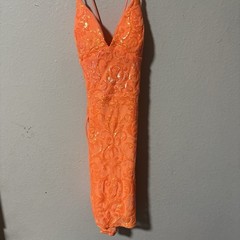 Orange Sequin Mesh V-Neck Backless Strappy Mini Bodycon Dress Size S