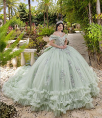 Off Shoulder Sage Green Tulle Beaded Ruffle Quinceanera Sweet15 Gown
