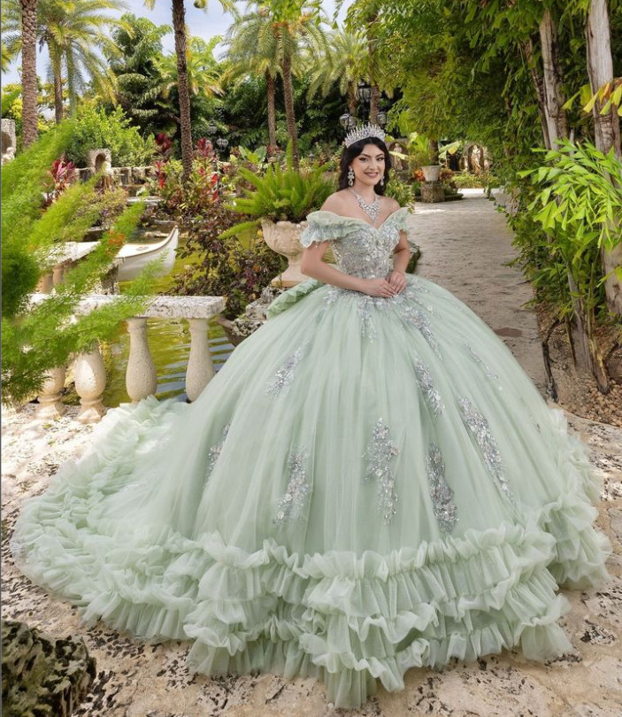 Off Shoulder Sage Green Tulle Beaded Ruffle Quinceanera Sweet15 Gown
