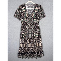 Fat Face Priya Mosaic Leaf Midi Dress Size 8R Black Green Tan Tiered Peasant