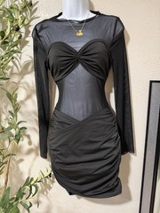 SHEIN SXY Black Solid Sheer Mesh Ruched Long Sleeve Mini Dress Round Neck S