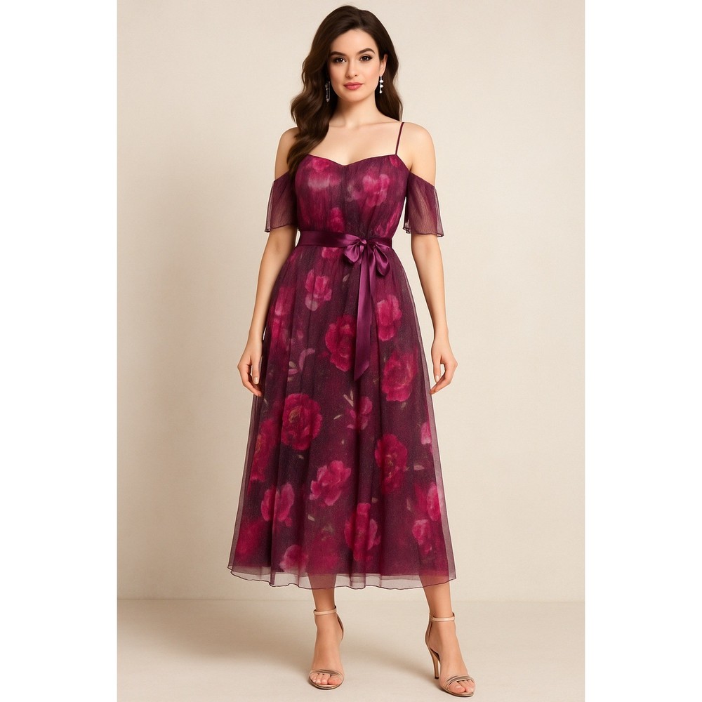 Candalite Plum Floral Glitter Tulle Maxi Dress Size M Romantic Fairytale Cottage