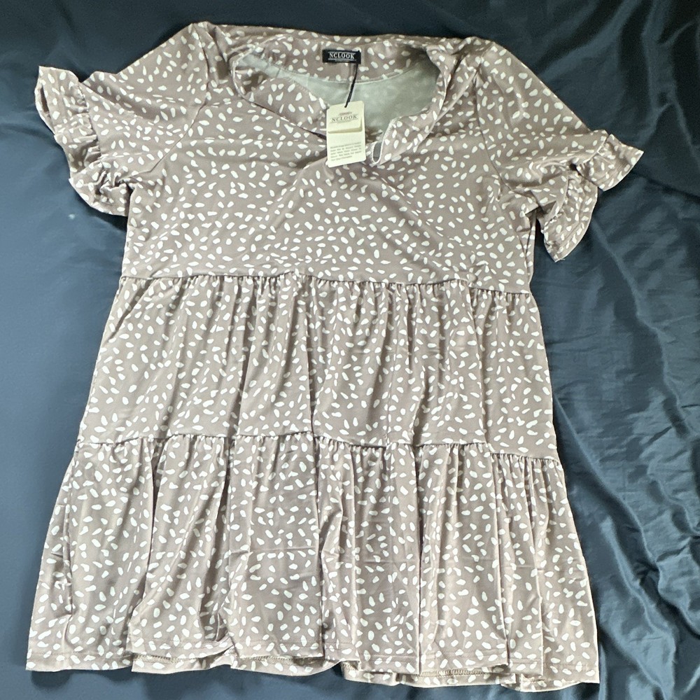 NCLOOK Women&rsquo;s Brown/White Polka Dot V-Neck Tiered Ruffle Sleeve Dress S