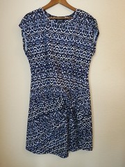 Nicole Miller Midi Shift Dress Womens Large Navy Blue White Dots Twist Waist