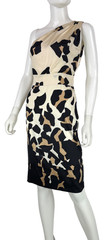 Roberto Cavalli Auth Cream Black Tan Silk Dress 8 US 44 IT M Stretch 1 Shoulder