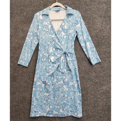 Talbots Paisley Faux Wrap Tie Waist Stretch Jersey Dress 3/4 Sleeve Women&rsquo;s 8