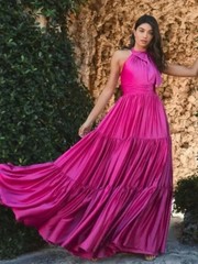 Mac Duggal 506581 Fuchsia Pink Satin Halter Bow Tiered Maxi Gown Dress Size 20