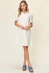 Double Take White Texture Collared Neck Short Sleeve Mini Dress