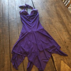 Deb Y2K Purple Halter Dress w/ Ruched Detailing Early 2000s Hankerchief Hem Gown