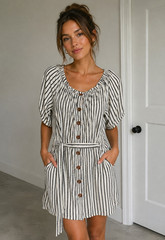 for 🌿 J for Justify Black & White Striped Button-Front Tie Waist Dress | XL