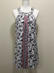 Three Pink Hearts white and blue floral sleeveless dress, pom pom accent, Med
