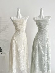 Ivory Floral Lace Maxi Dress Women’s M Regular Square Neck Spaghetti Straps