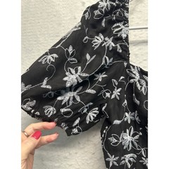 Blue Rain Black Silver Floral Embroidered Puff Sleeve Dress Women&rsquo;s Size L