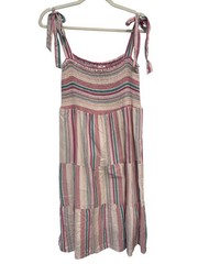 Thread and Supply Dress Size Large Striped Smocked Sleeveless Tie Shoulder Pink
