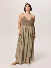 Torrid Plus 2X Festi Crochet Bodice Maxi Dress Sleeveless Pockets Boho Olive NWT