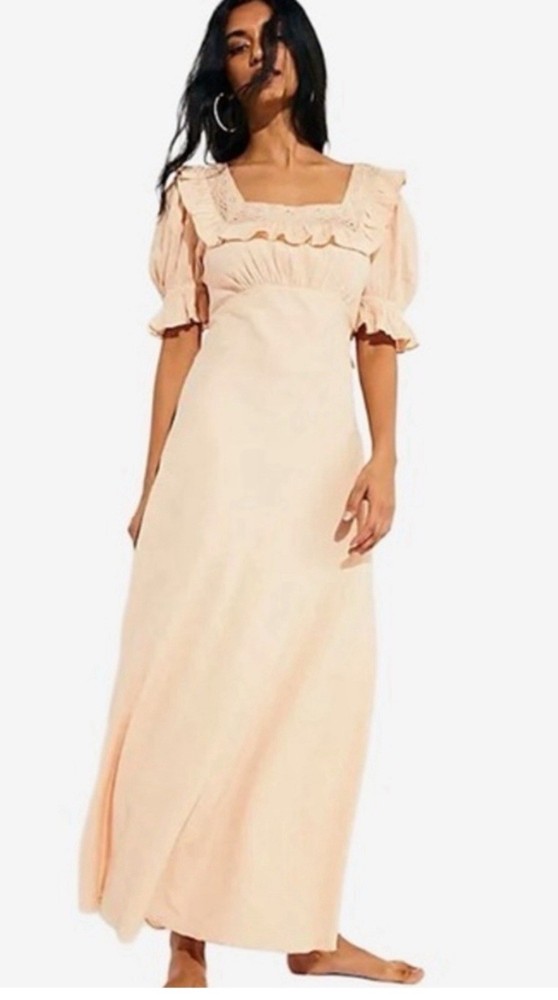 NWT Free People Peach Solid Square Neck Puff Sleeve Ruffle Maxi Dress Size S