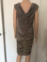 Cache Brown Solid Ruched V-Neck Sleeveless Sheath Knee Dress Rhinestone, L