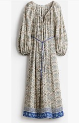 Beige/Blue Paisley V-Neck Midi Kaftan Dress Balloon Long Sleeve Tie Pleated