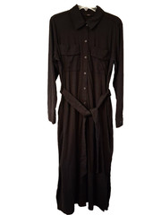 Black Jersey Shirt Dress Large Lightweight Belted Snap Close Collar Career NWOT