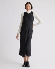 Quince Women Washable Stretch Silk Tank Midi Basic Sleeved Dress Black L