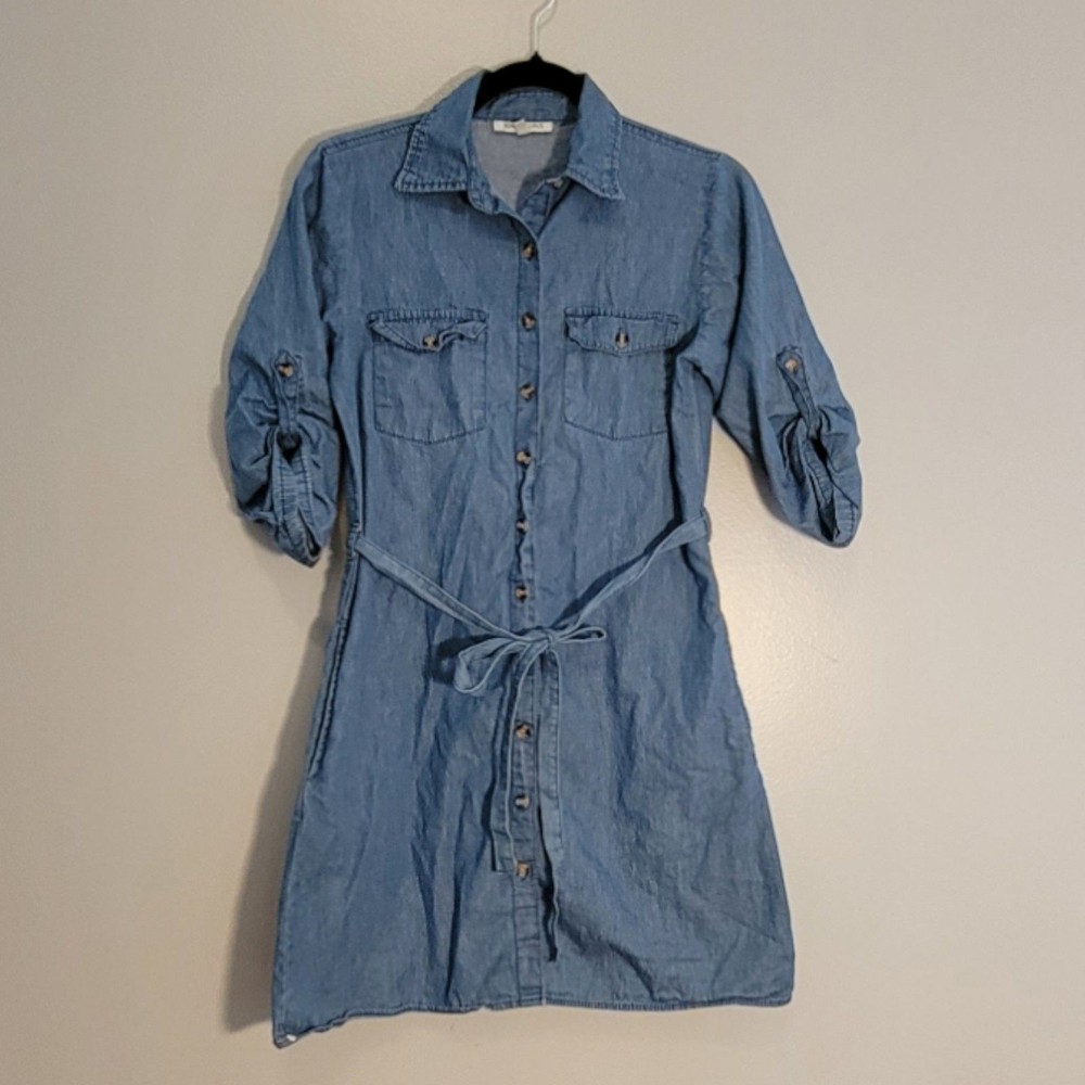 Speed Limit Cotton Chambray Button Shirt Dress Women&rsquo;s Small Belted Pockets