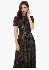 Leyidress Sexy Sequins Trumpet Mermaid Dress Black Short Sleeve Long Formal 14