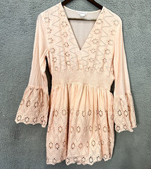 Venus Mini Dress Womens 16 Floral Eyelet Long Flare Sleeve Boho Fairy Hippie