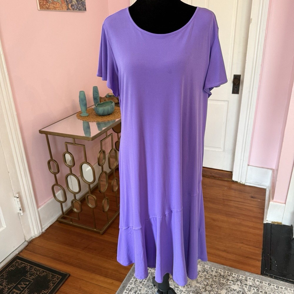 Southern Lady Purple Solid Knit Shift Midi Dress Scoop Neck Flutter Sleeve L