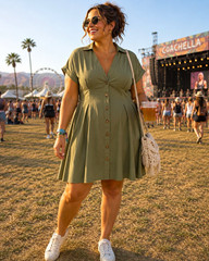 CIDER Women’s Green Solid Collared Button Front Cap Sleeve Shirt Dress 1XL