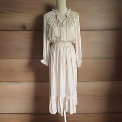 Vici Cream, silky, maxi, dress, ruffles, Victorian cottagecore, romantic Whimsy
