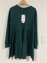 ZARA long tunic tiered dress long sleeve top crew neck green ladies M L