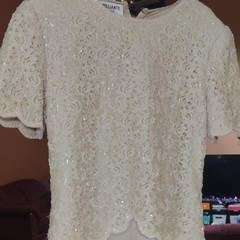 Brilliante by J.A. Beige Lace Beaded Sequin Long Formal Dress Crew Neck L