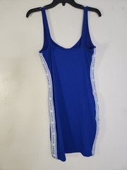 bebe Blue White Logo Stripe Bodycon Mini Dress S Sleeveless Zip Front