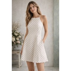 Keepsake the Label White Black Windowpane Grid Mini Dress XS High Neck Open Back